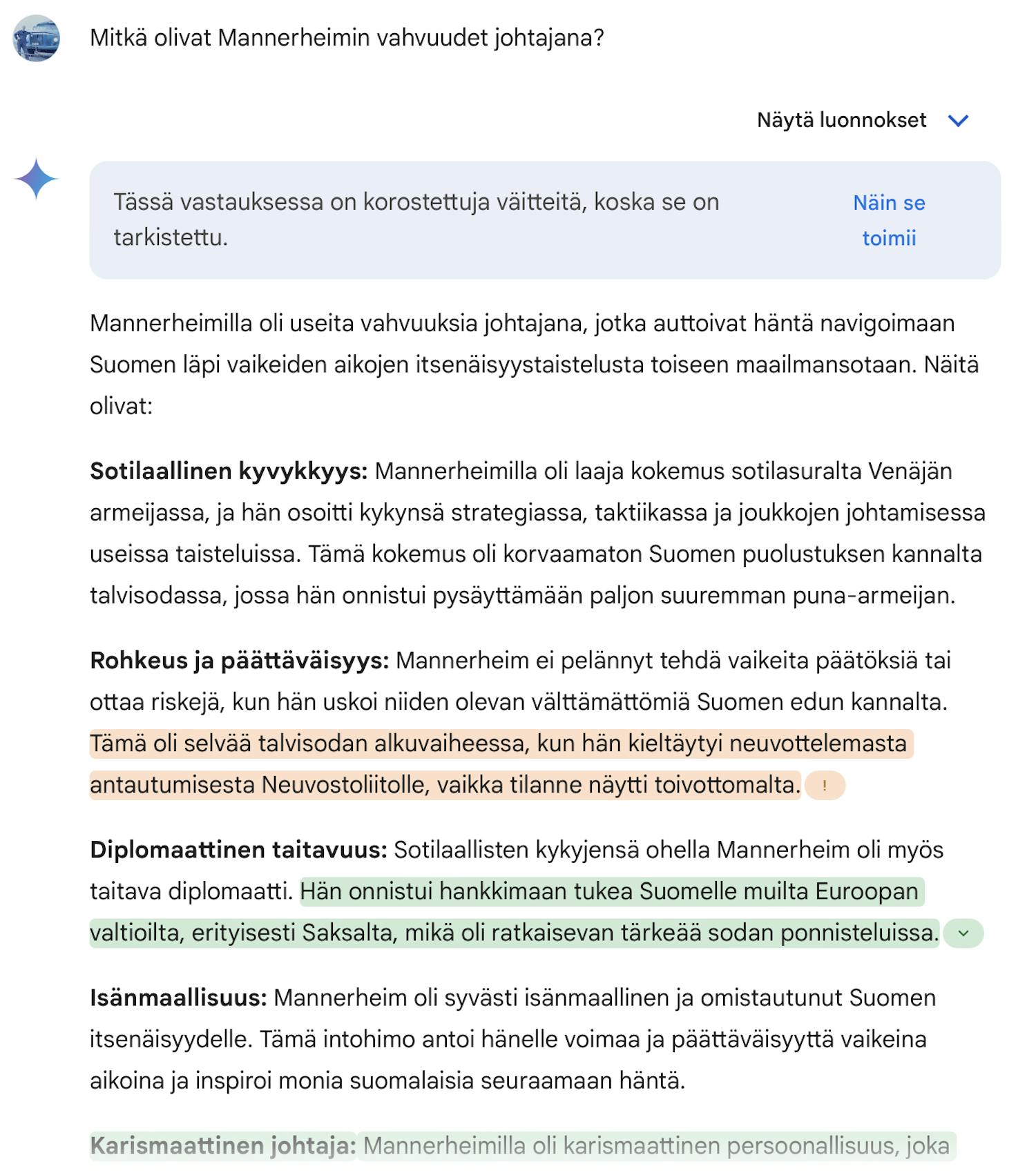 Google Gemini: Kehote sekä Google Geminin vastaus